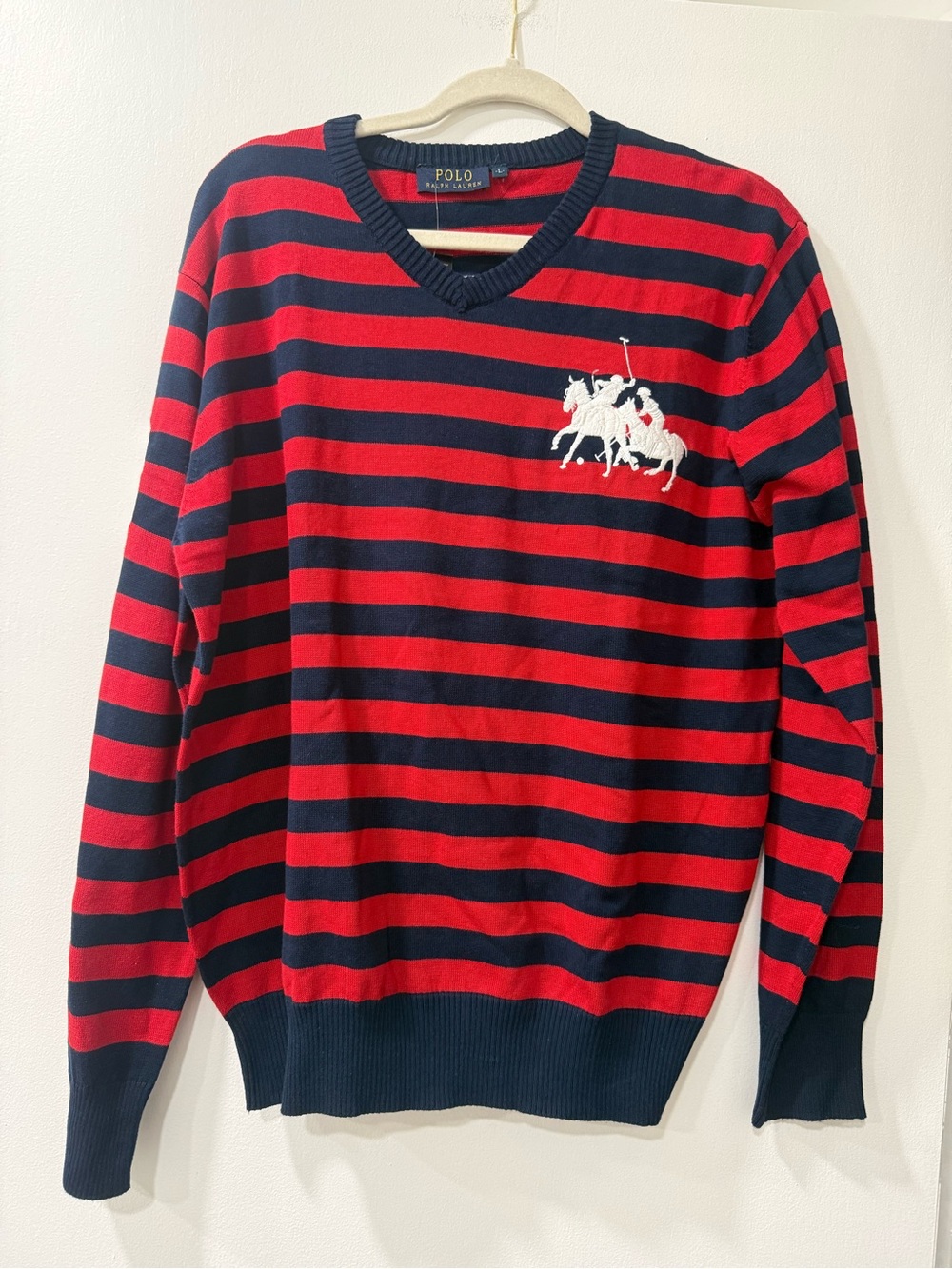 Vintage Ralph Lauren Red and Navy Striped V-Neck Sweater